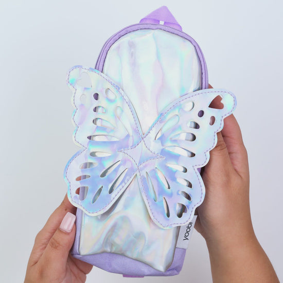 Yoobi Holographic Butterfly Pencil Case. Backpack design. Zip clsoure. Adjustable strap fits on binder or notebook. Holds pens, pencils and more supplies.