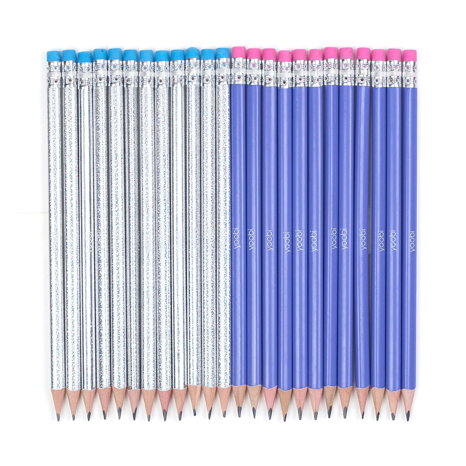 24 pack - 12 sliver glitter and 12 periwinkle pre-sharpened pencils with blue tip erasers on the silver pencils and pink tip erasers on the periwinkle pencils