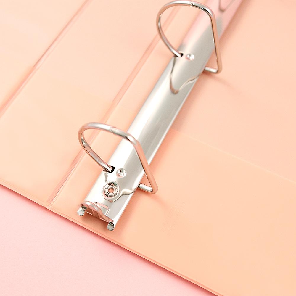 inside of open 3-ring binder, showing D-ring detail inside binder