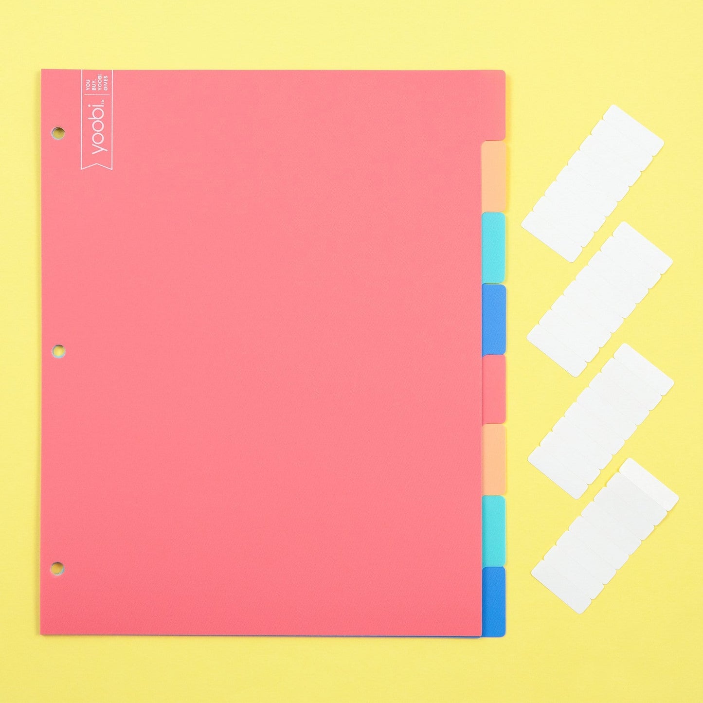 8 tab dividers with 3-hole punch and multi-color - blue, mint, blush, coral, shown with blank labels to stick on tabs