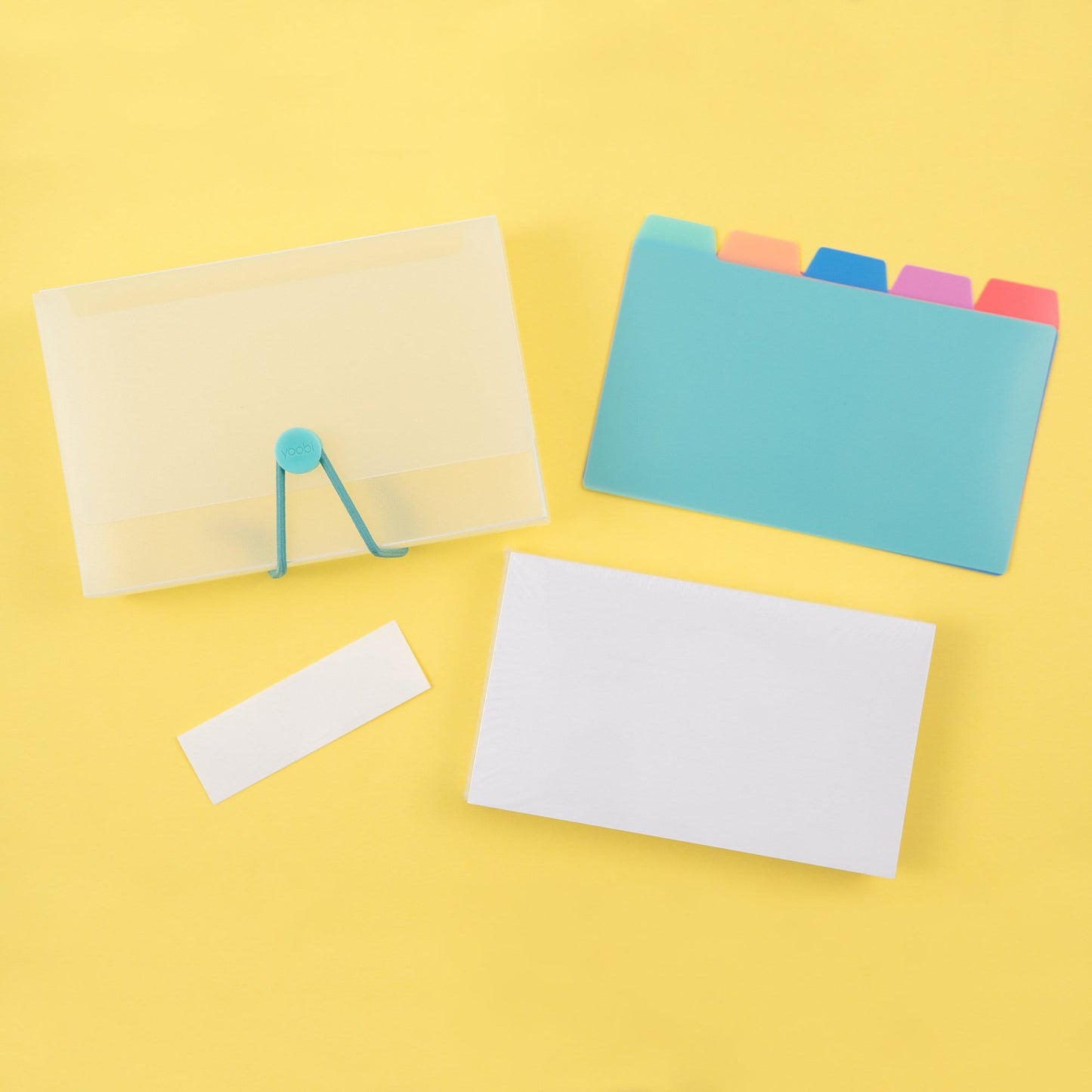 index card case set shown separately - clear plastic case with mint elastic closure, 5-tab card dividers - mint, blush, blue, pink and coral, set of 100 index cards and blank labels for tab dividers