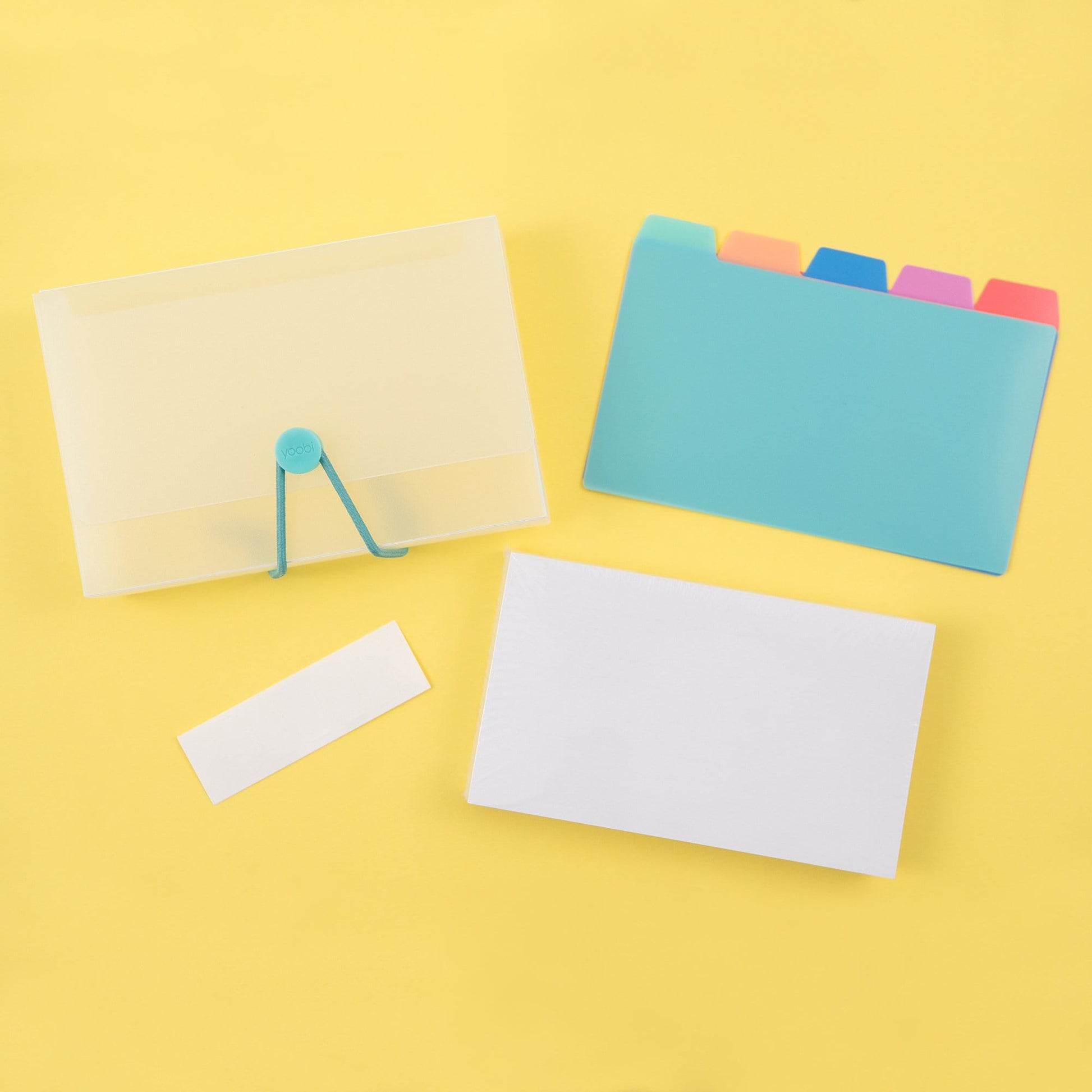 index card case set shown separately - clear plastic case with mint elastic closure, 5-tab card dividers - mint, blush, blue, pink and coral, set of 100 index cards and blank labels for tab dividers