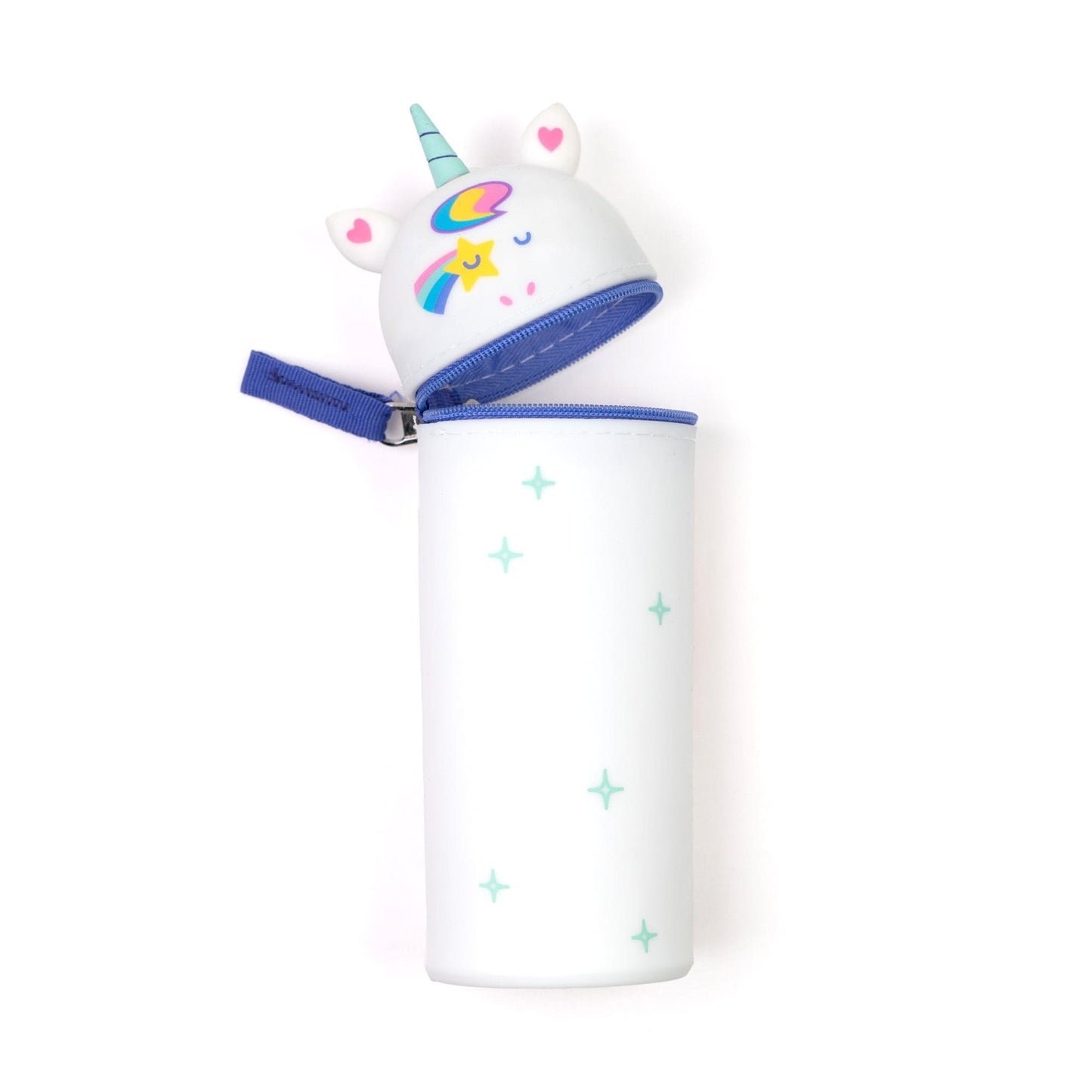 White standing unicorn pencil case showing blue zipper detail on top that unzips