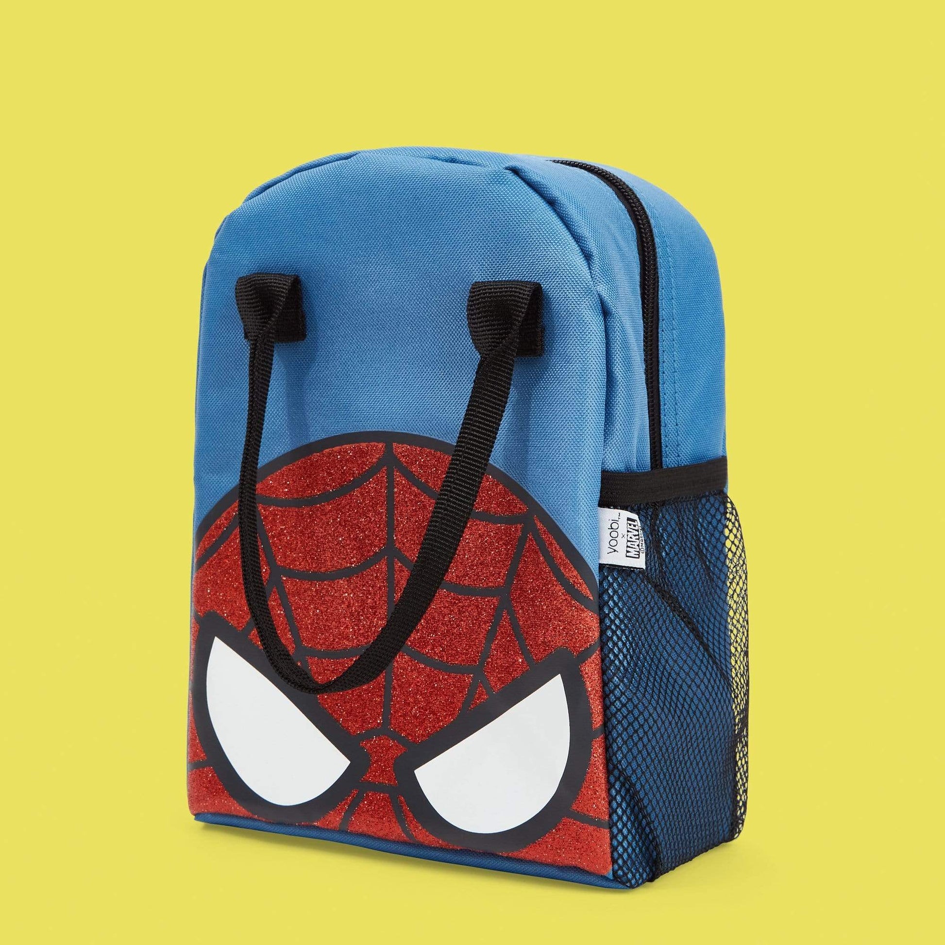 blue lunchbag with Spider-Man face on front.  Top zipper with black handles, zipper and mesh side pocket to hold water bottle