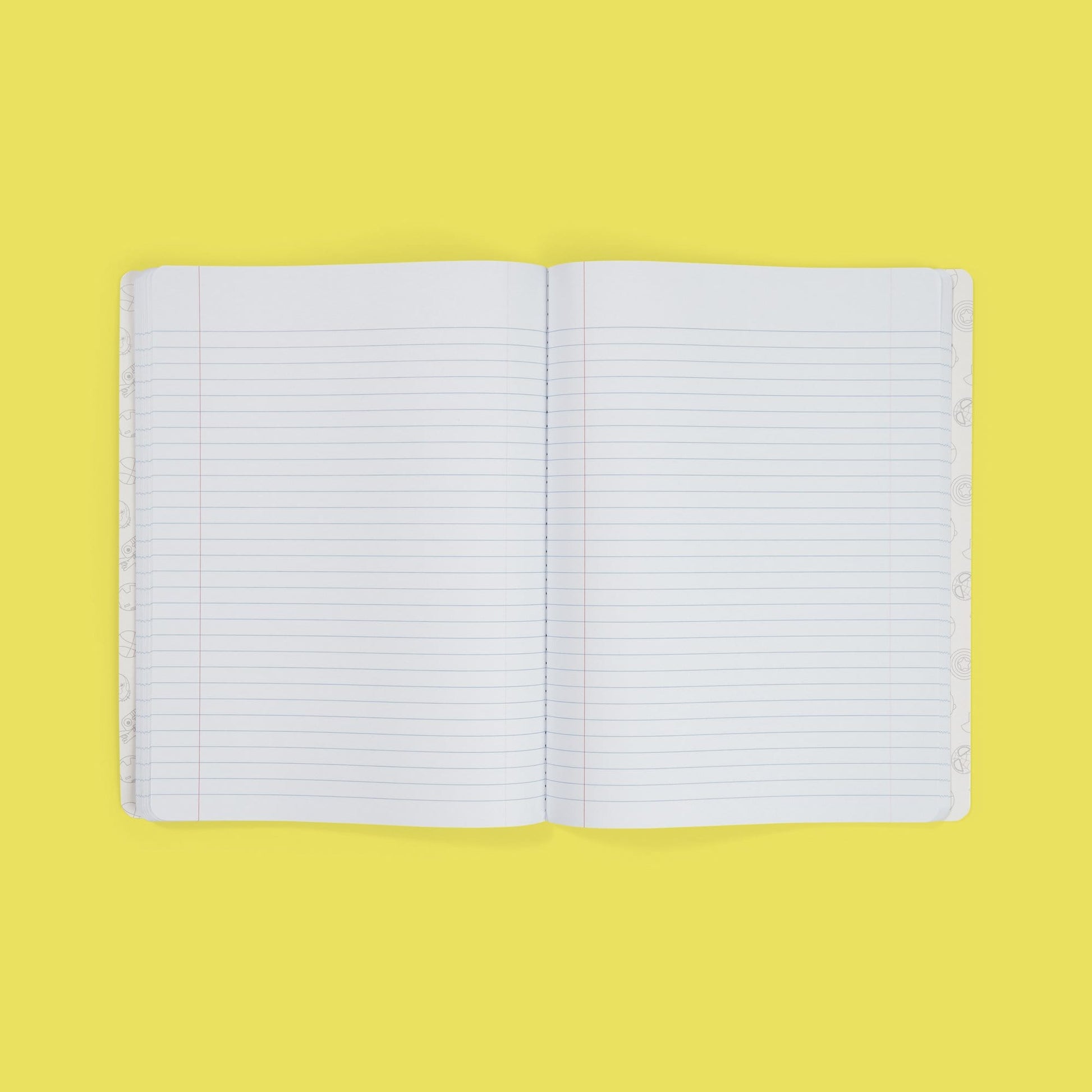 inside of open composition book showing college-ruled paper