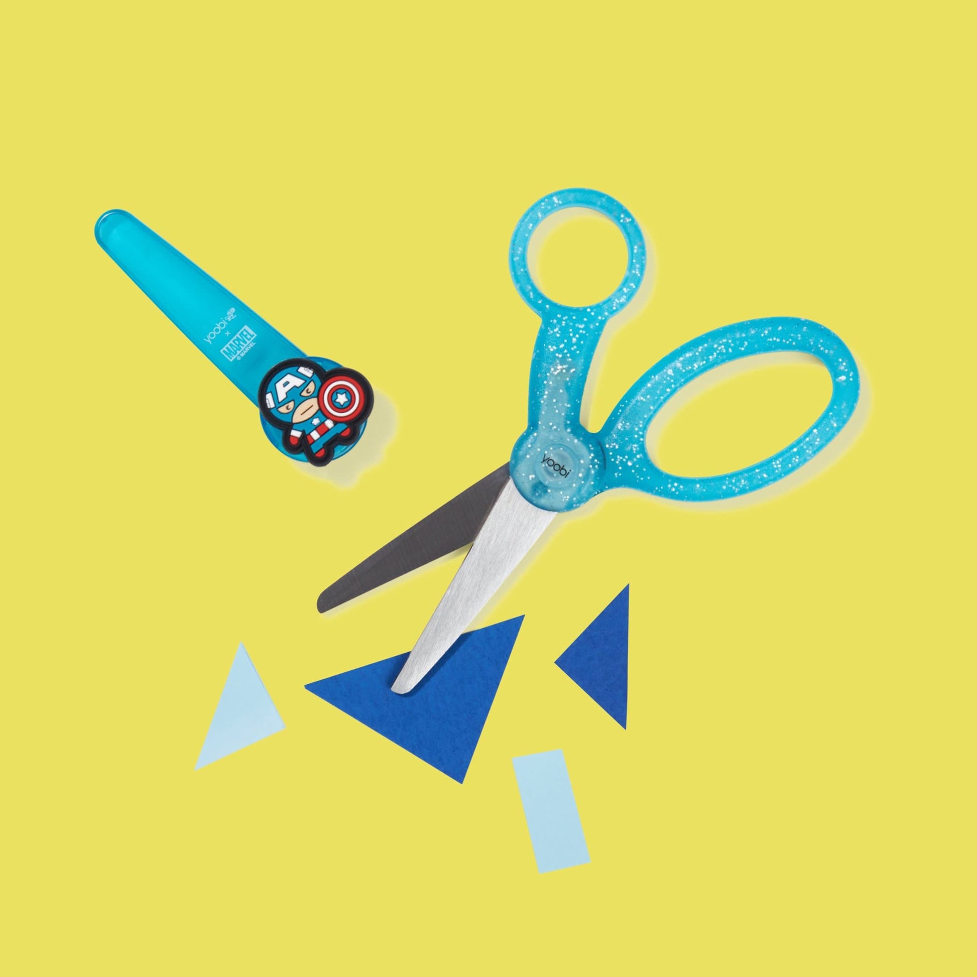 Captain America kids scissors showing open blades and removed blade cover