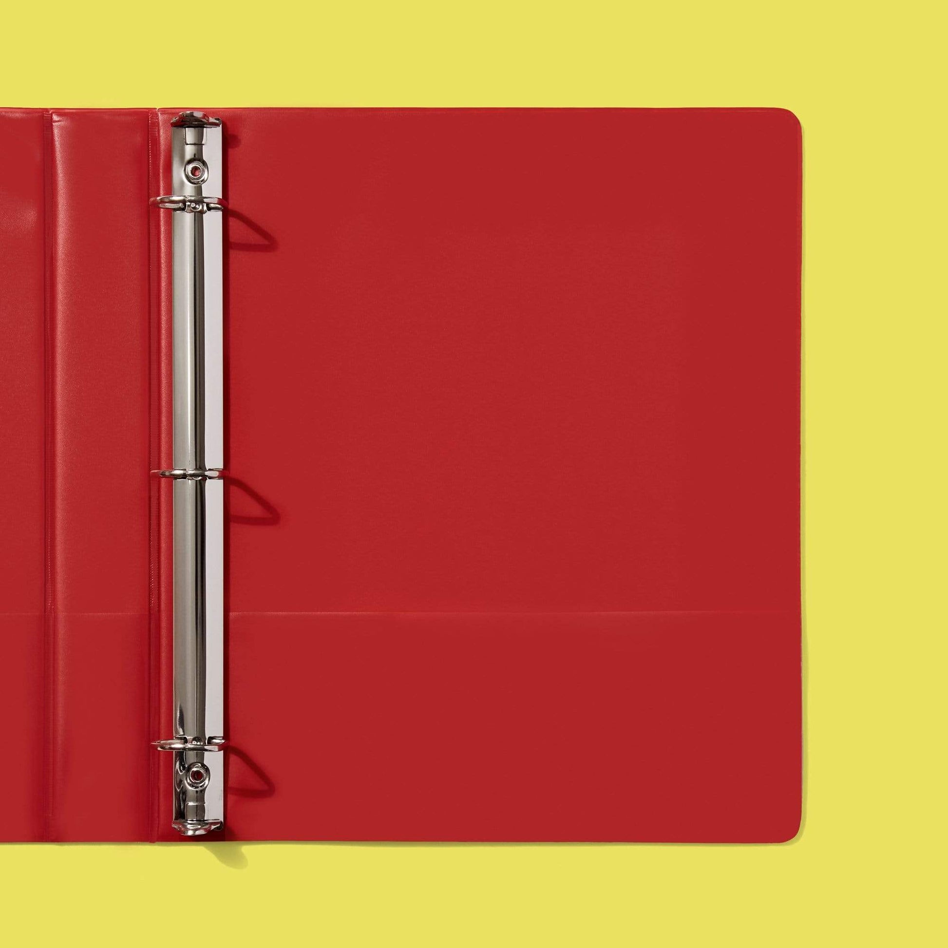 close up of inside of red Spider-Man binder showing inside pocket and D-ring detail