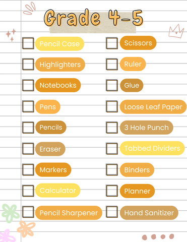 Yoobi Grade 4-5 Back to School Checklist